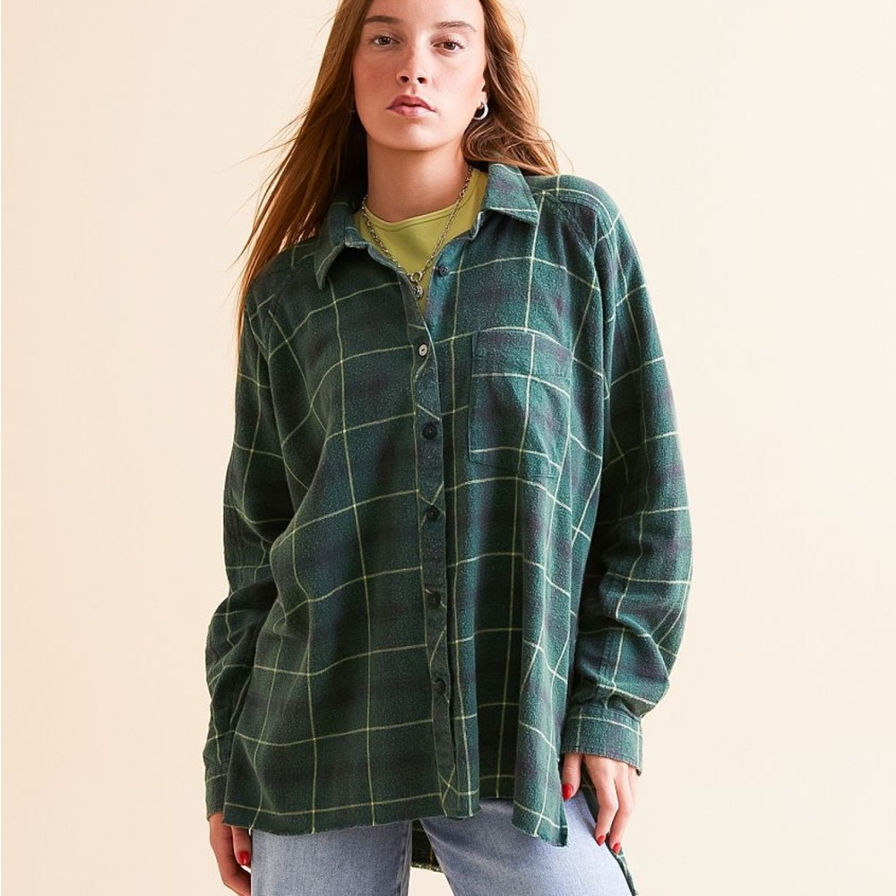 Gilded Intent Buckle Faded Wash Plaid Flannel Button-Down Shirt Raw Hem Large - Picture 3 of 10